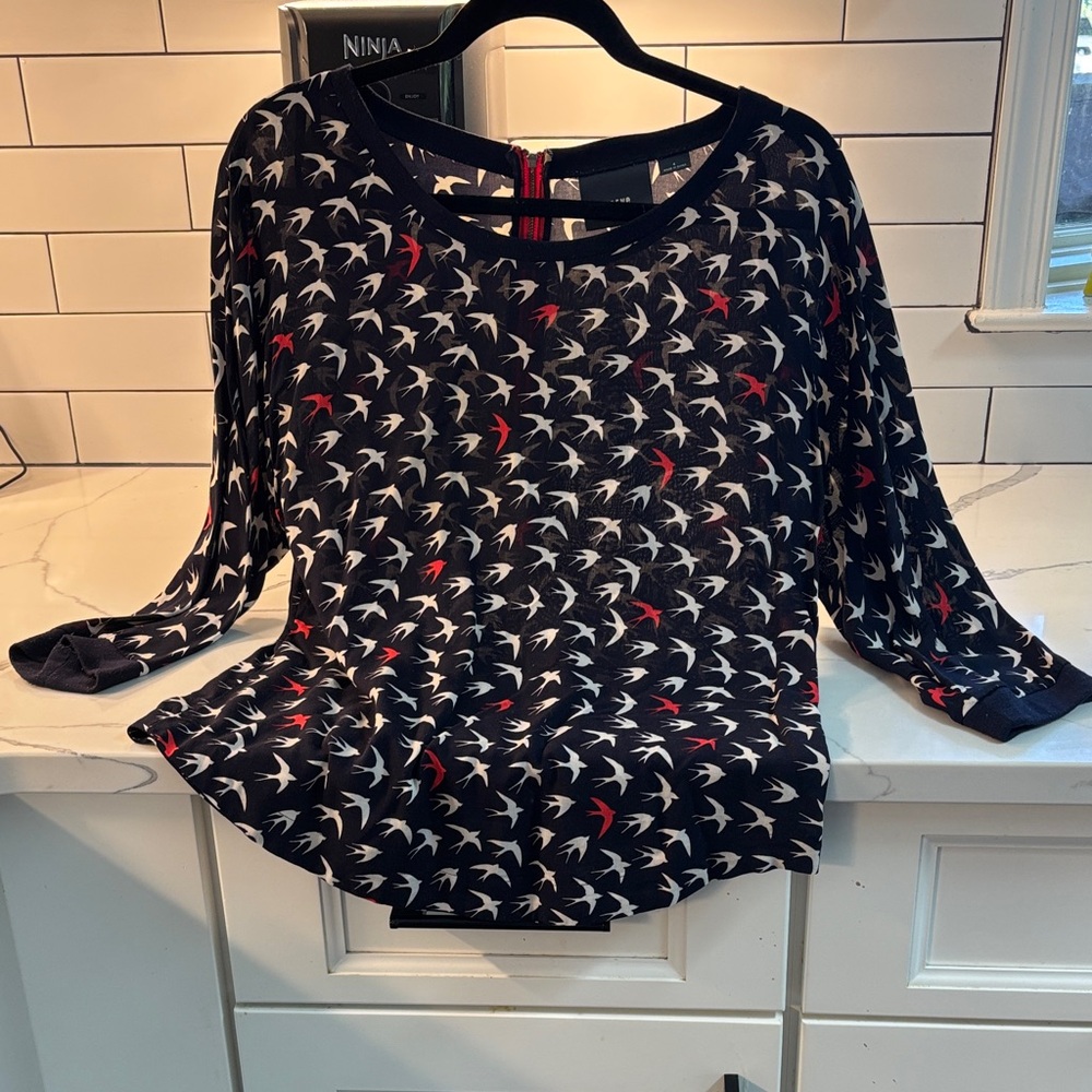 Anthropology Maeve Navy and Red Bird Print Blouse